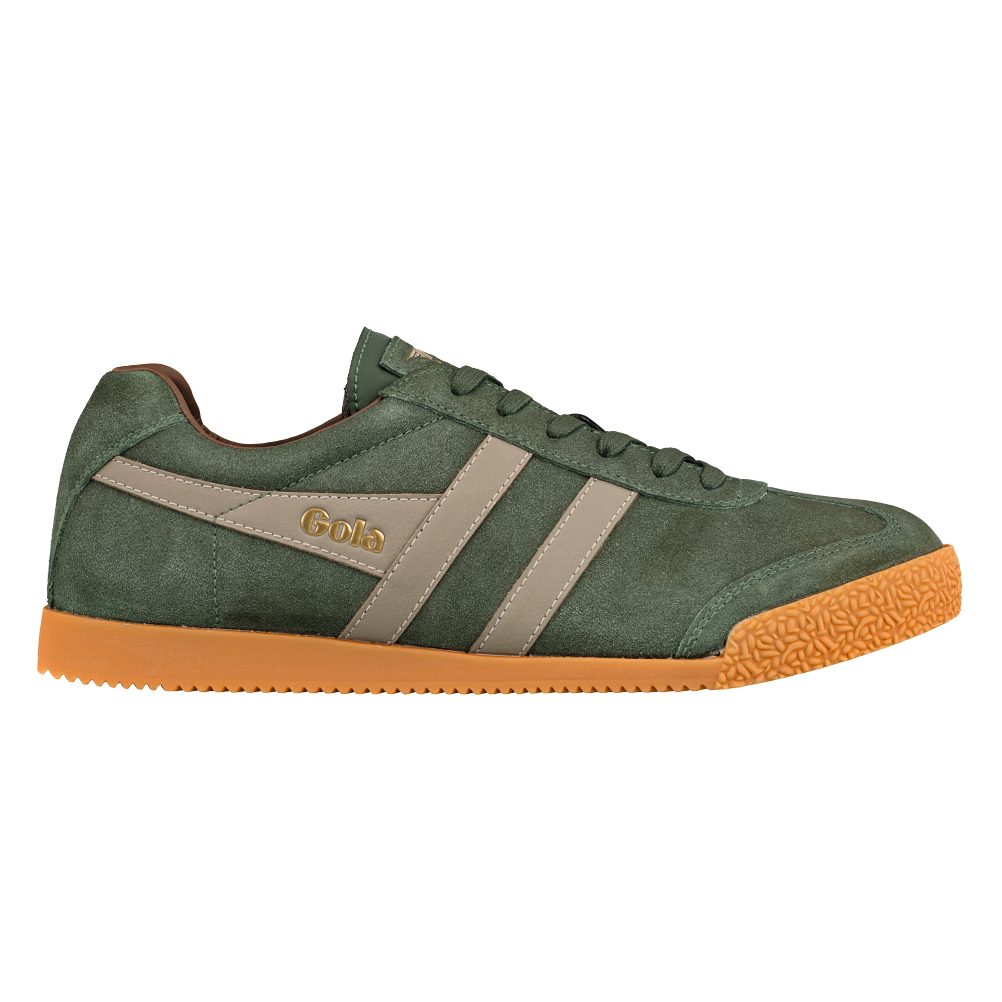 Dark green suede Gola trainer with beige side stripes and a gum rubber sole