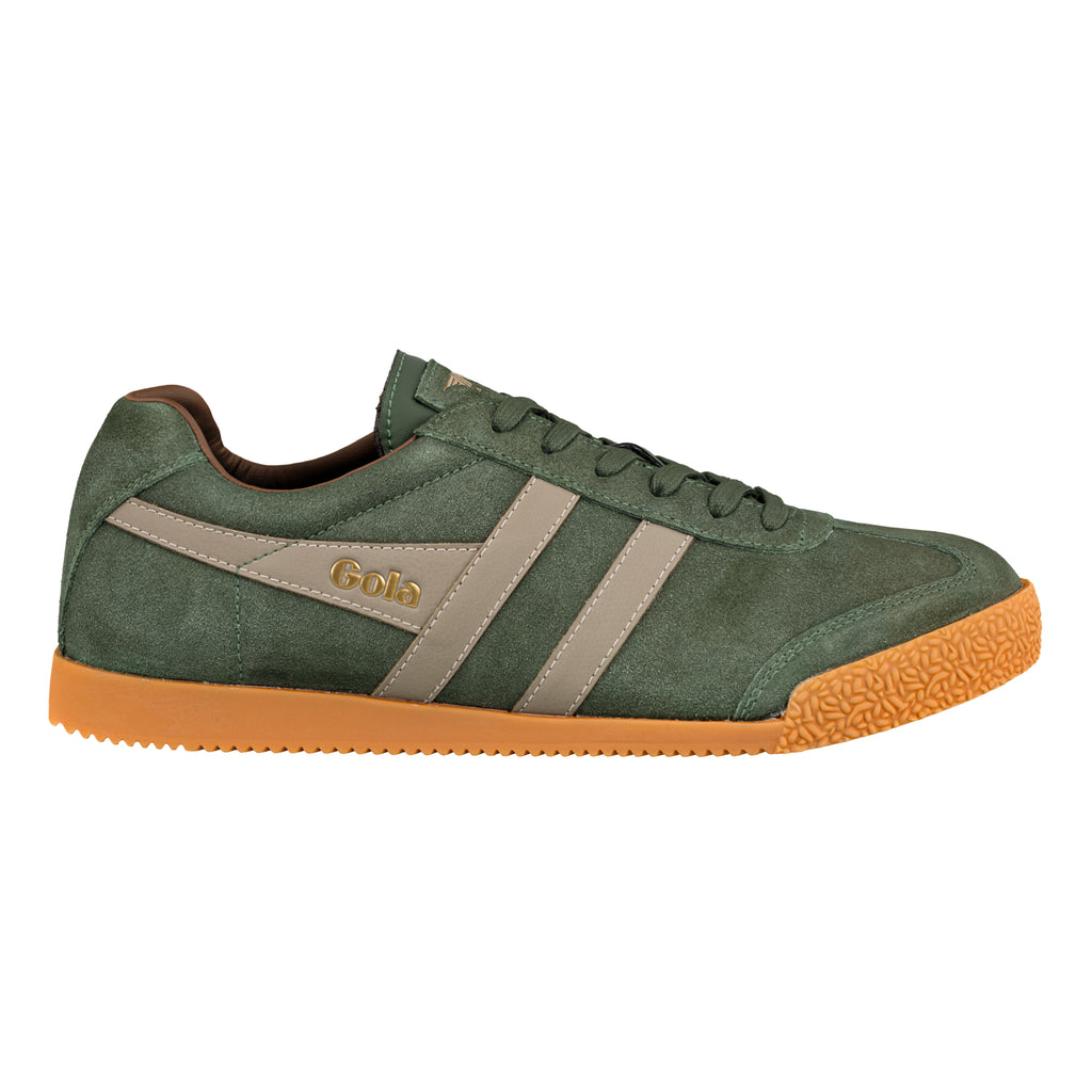 Gola Classics green suede trainer with brown gum sole and beige side stripes