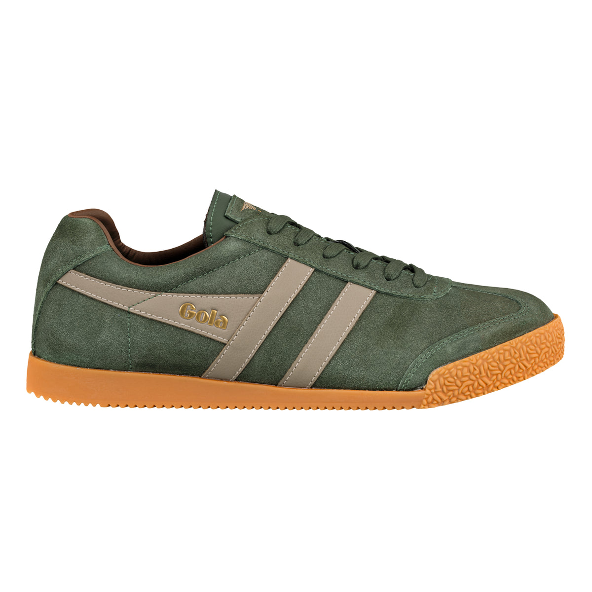 Gola Classics green suede trainer with brown gum sole and beige side stripes