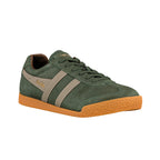 Dark green suede trainer with tan side stripes and gum rubber sole