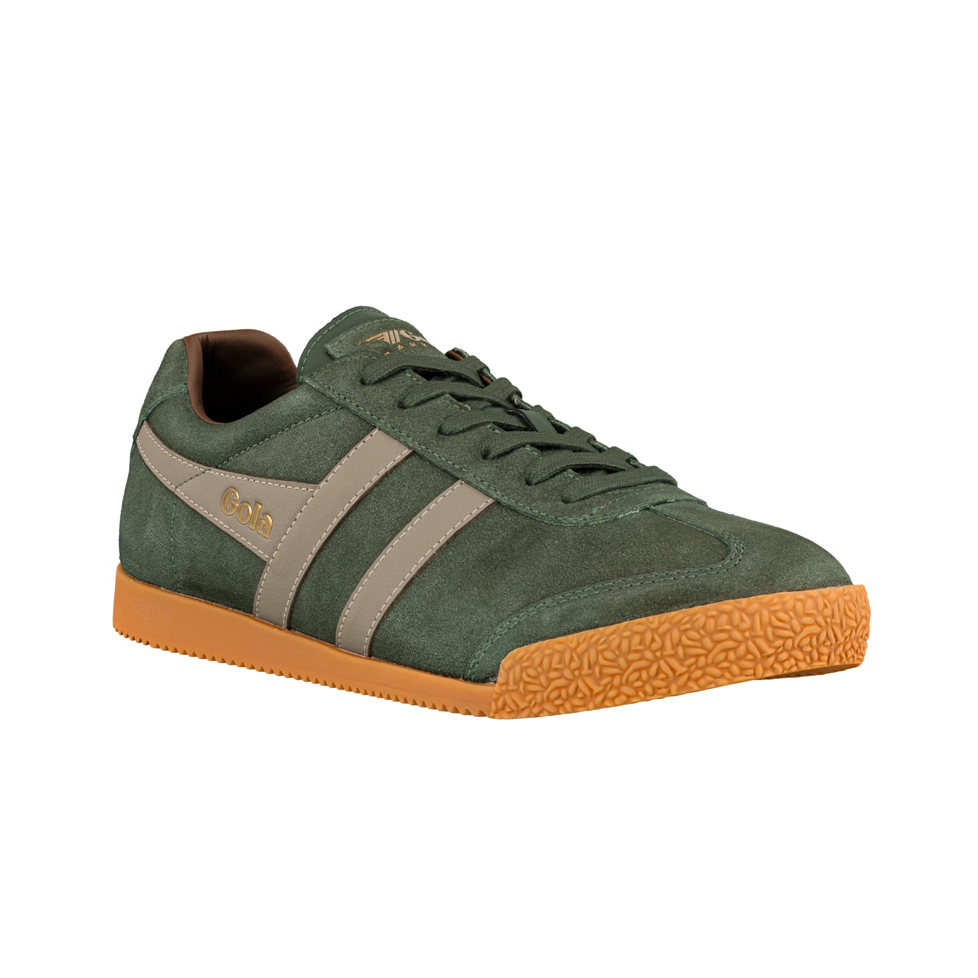 Dark green suede trainer with tan side stripes and gum rubber sole