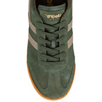 Top view of a dark green suede Gola Harrier trainer with a gum sole