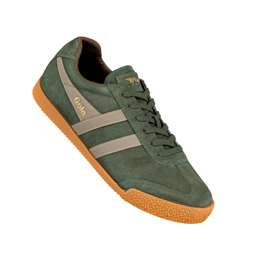 Olive green suede Gola trainer with tan side stripes and a gum rubber sole