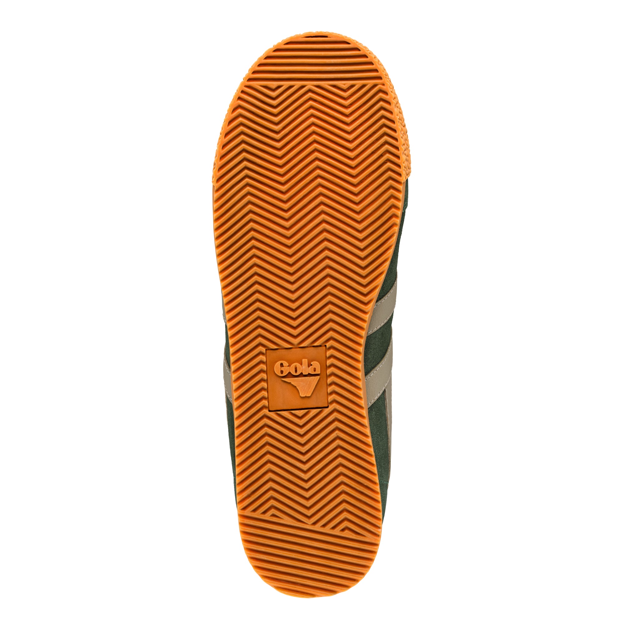 Orange herringbone patterned rubber sole of a Gola trainer