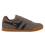 Olive green suede Gola trainer with black side stripes and a gum rubber sole