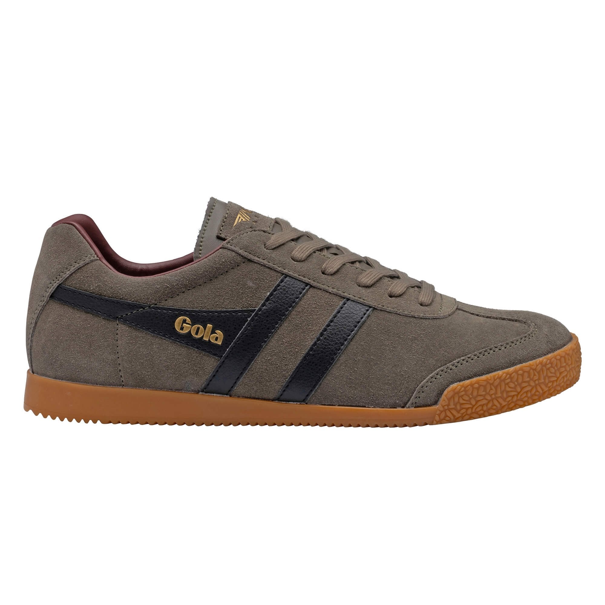 Olive green suede Gola trainer with black side stripes and a gum rubber sole
