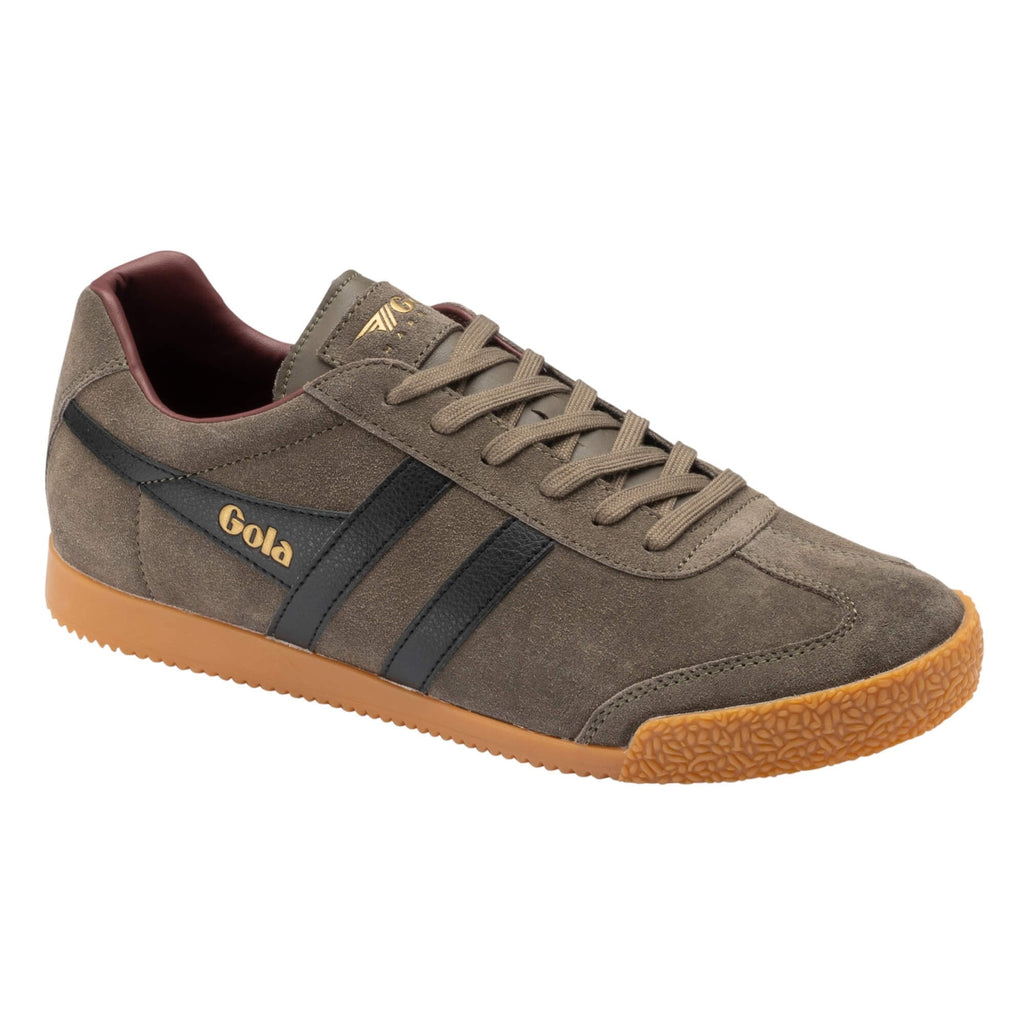 Olive green suede Gola trainer with black side stripes and a gum rubber sole