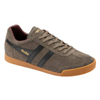 Olive green suede Gola trainer with black side stripes and a gum rubber sole