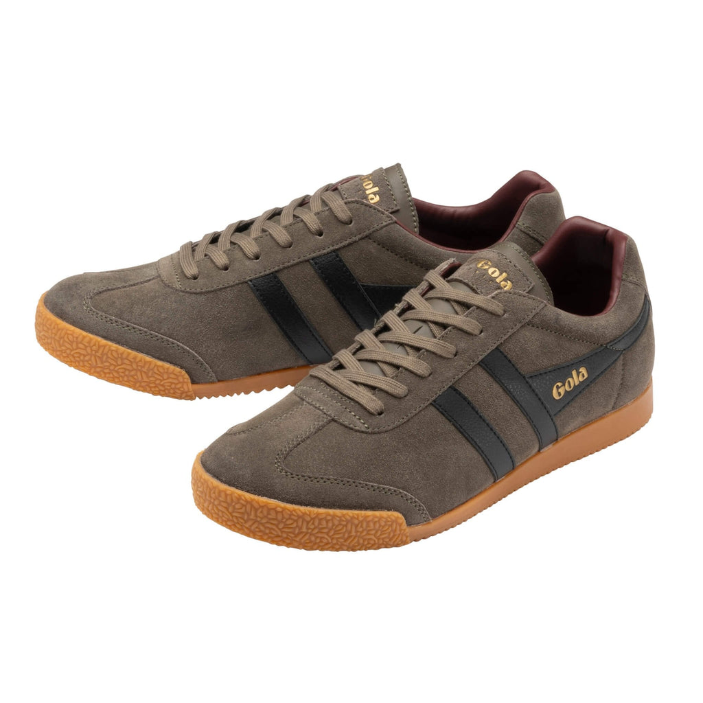 Khaki suede Gola trainers with black side stripes and gum rubber soles