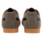 Rear view of olive suede trainers with black side stripes and gum rubber soles