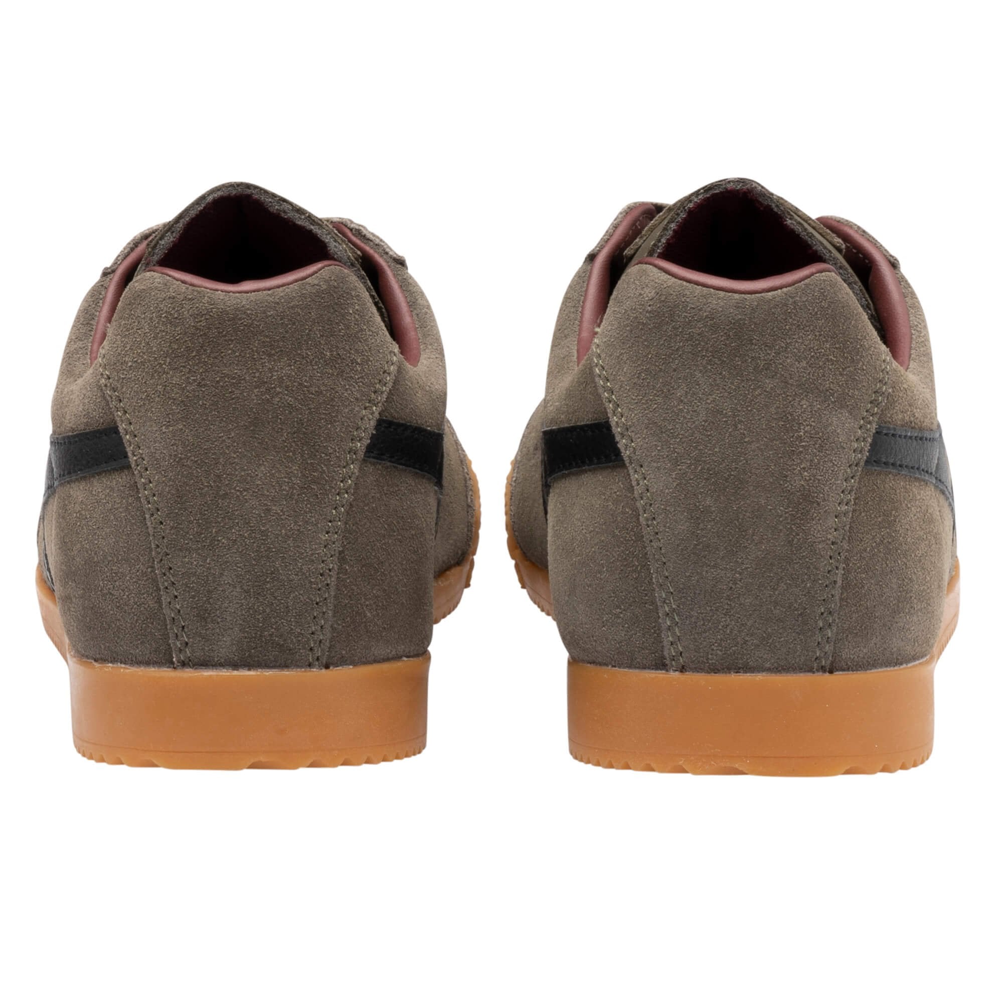 Rear view of olive suede trainers with black side stripes and gum rubber soles
