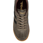Top view of a khaki suede Gola trainer with black side stripes and a gum rubber sole