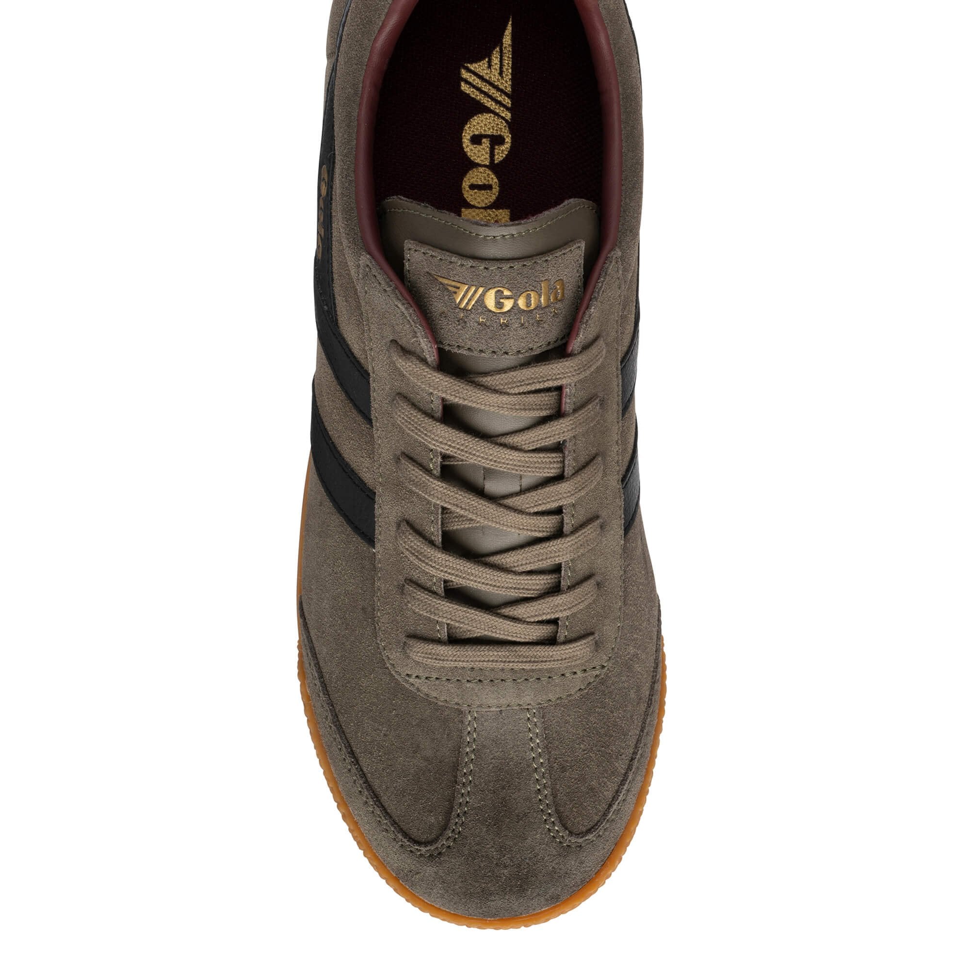 Top view of a khaki suede Gola trainer with black side stripes and a gum rubber sole