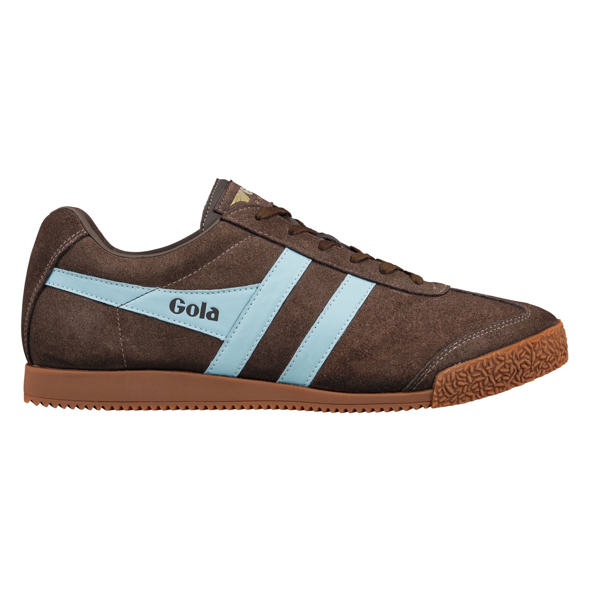 Brown suede Gola trainer with light blue side stripes and gum rubber sole
