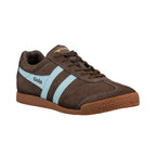 Brown suede Gola trainer with light blue side stripes and a gum rubber sole