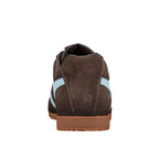 Rear view of a brown suede trainer with light blue stripes and a gum rubber sole