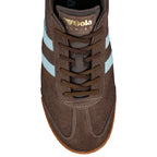 Brown suede Gola Harrier trainer with light blue side stripes and gum sole