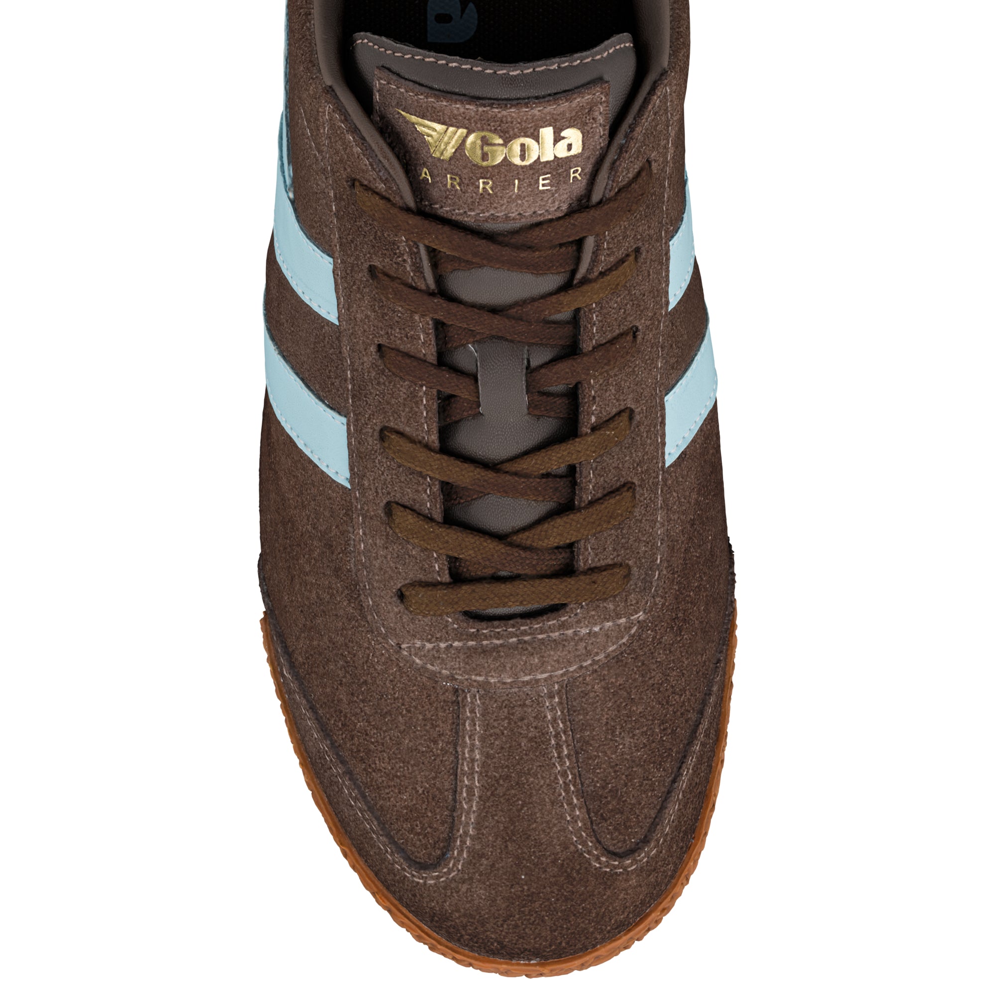 Brown suede Gola Harrier trainer with light blue side stripes and gum sole
