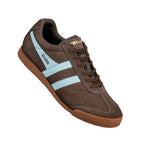Brown suede Gola trainer with light blue side stripes and a gum sole