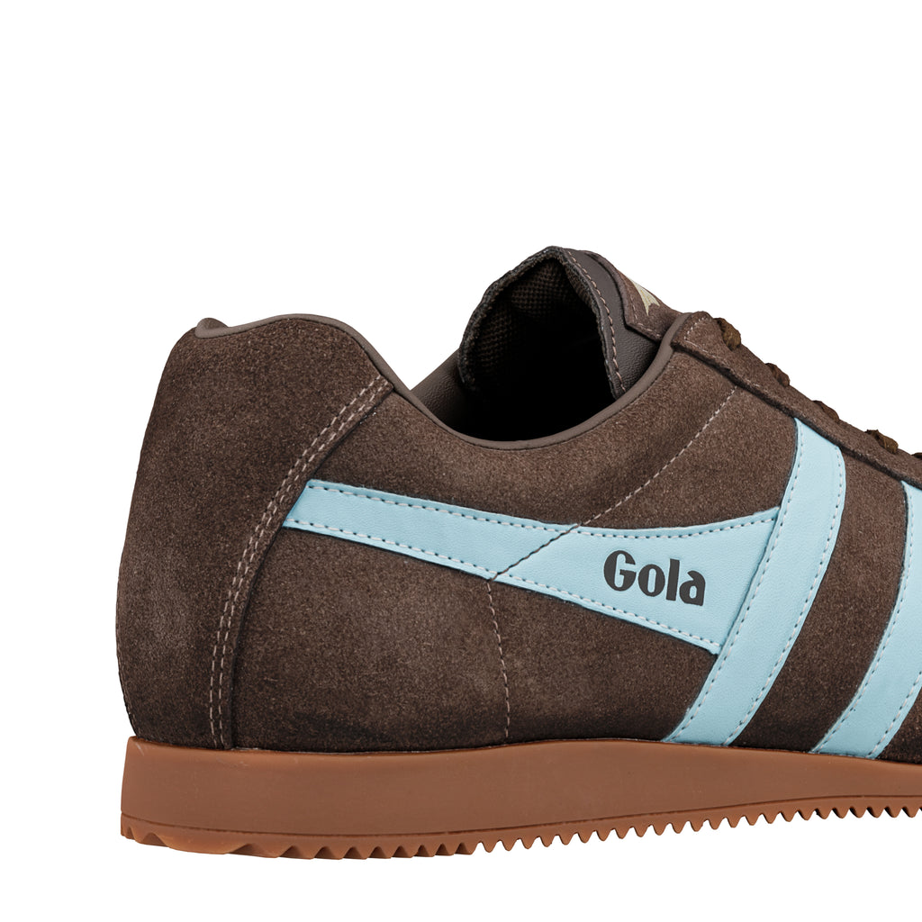Brown suede Gola trainer with light blue side stripes and gum sole