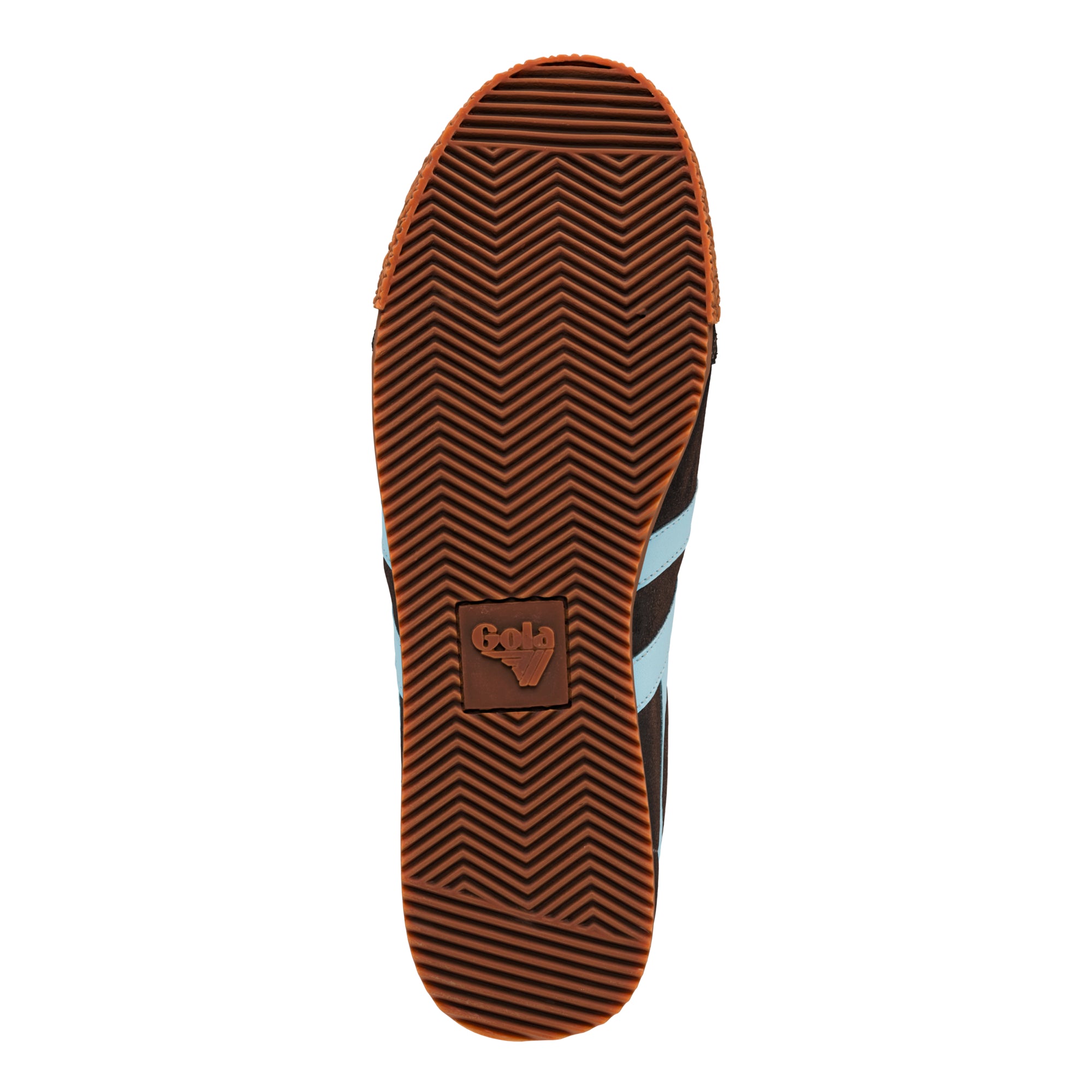 Brown rubber trainer sole with chevron tread pattern and Gola logo