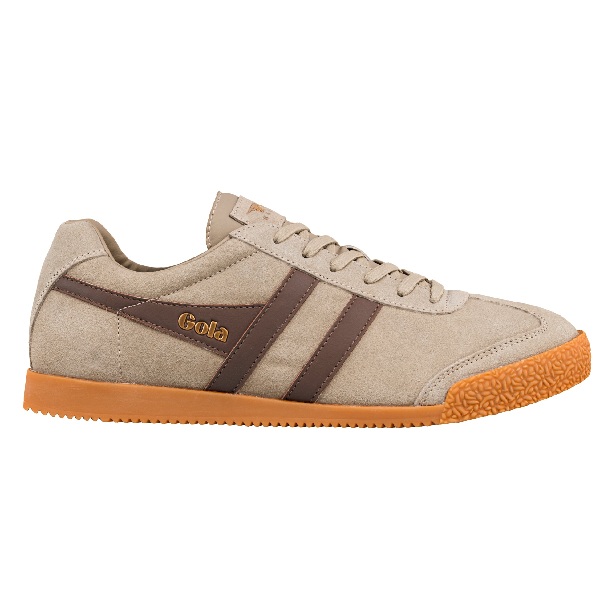 Beige suede Gola trainer with brown side stripes and gum rubber sole