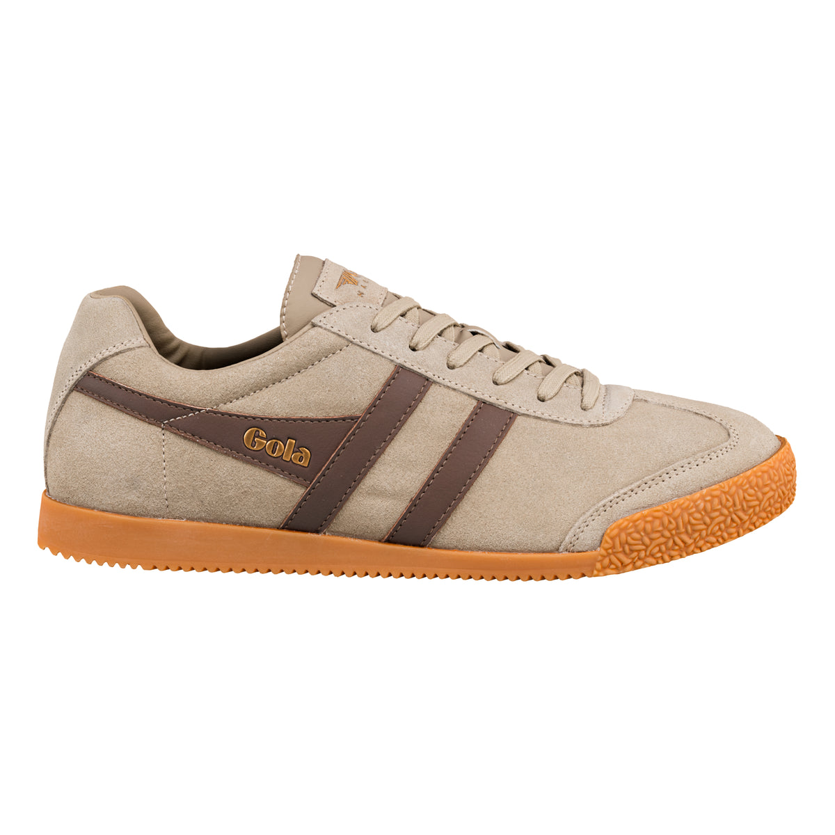 Gola Classics beige suede trainer with brown side stripes and gum rubber sole