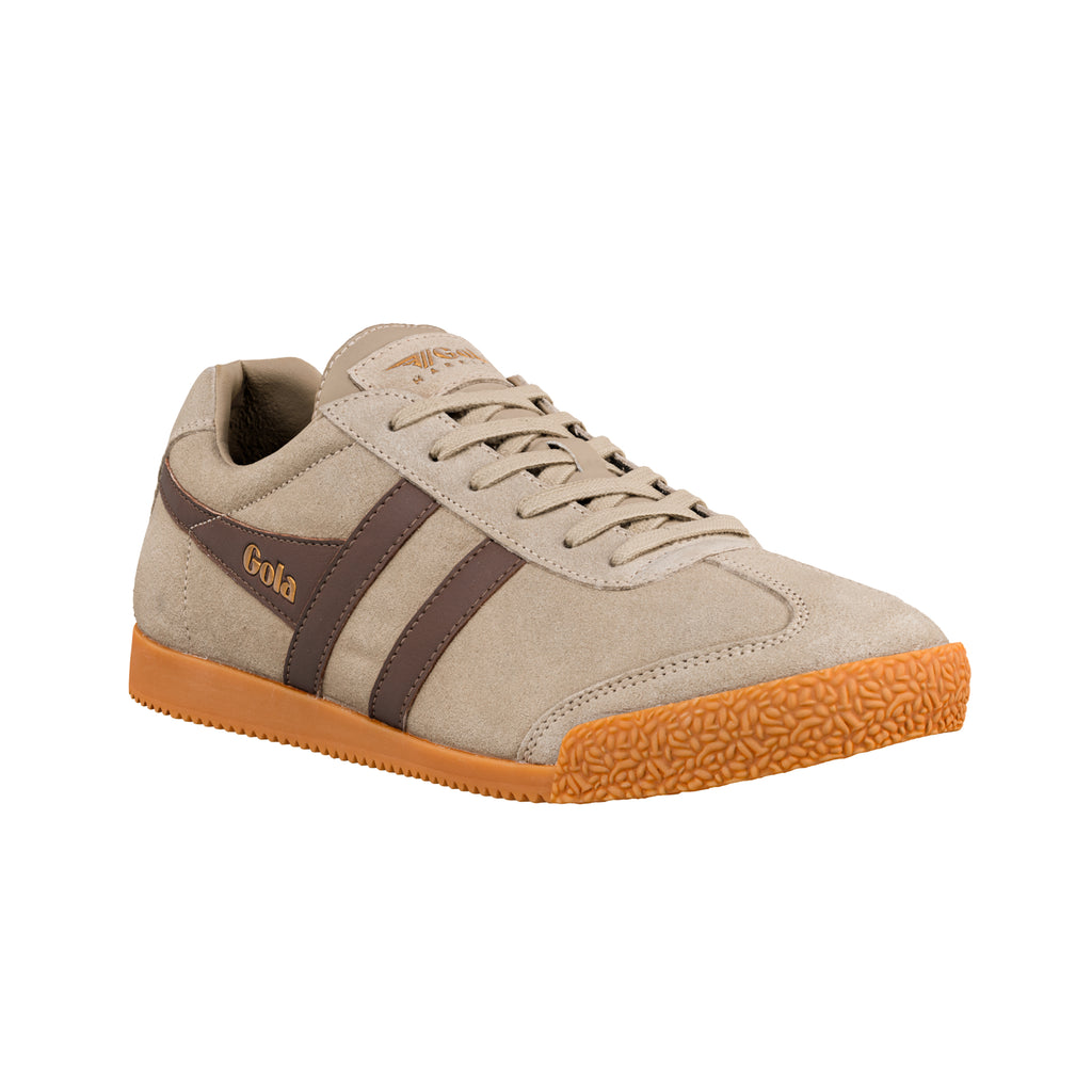 Beige suede Gola trainer with brown side stripes and gum rubber sole