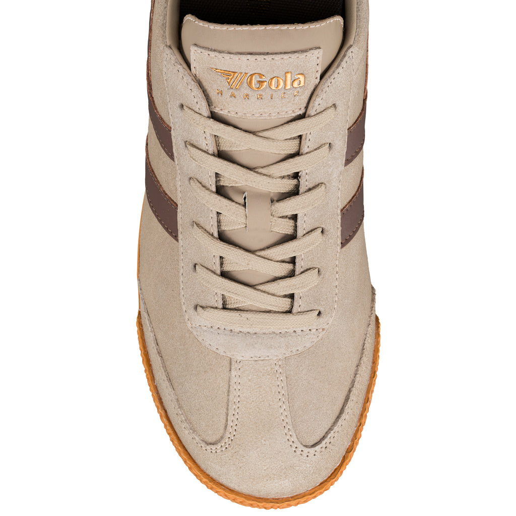 Beige suede Gola Harrier trainer with brown side stripes and gum sole
