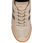 Beige suede Gola Harrier trainer with brown side stripes and gum sole