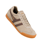 Beige suede Gola Harrier trainer with brown side stripes and a gum rubber sole