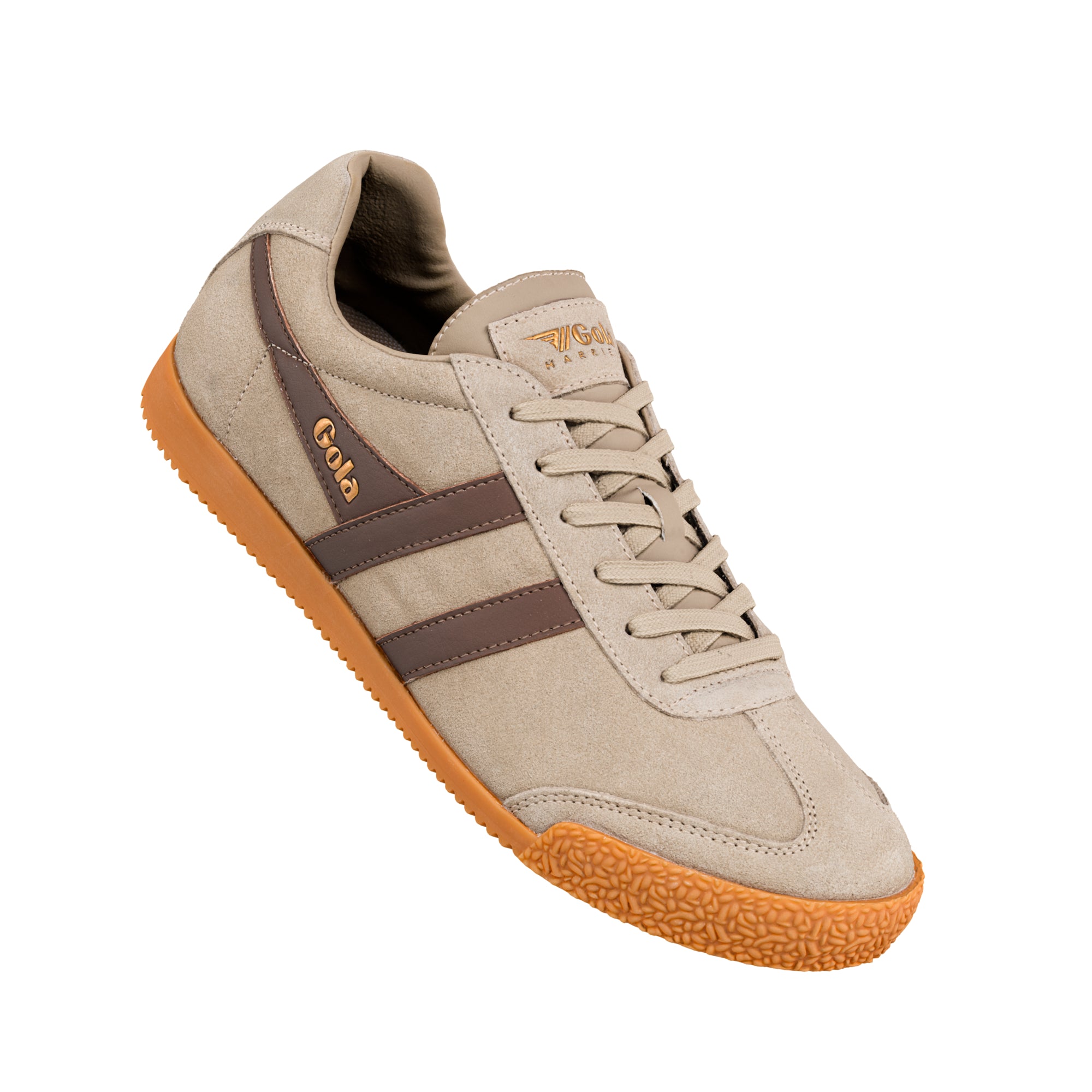 Beige suede Gola Harrier trainer with brown side stripes and a gum rubber sole