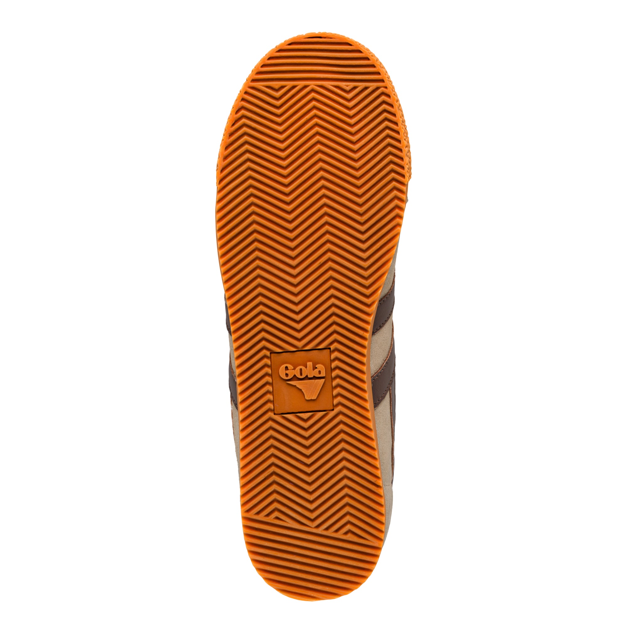 Orange rubber trainer sole with chevron tread pattern and Gola logo