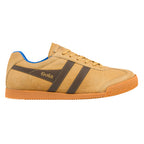 Tan suede Gola trainer with brown side stripes and blue inner lining