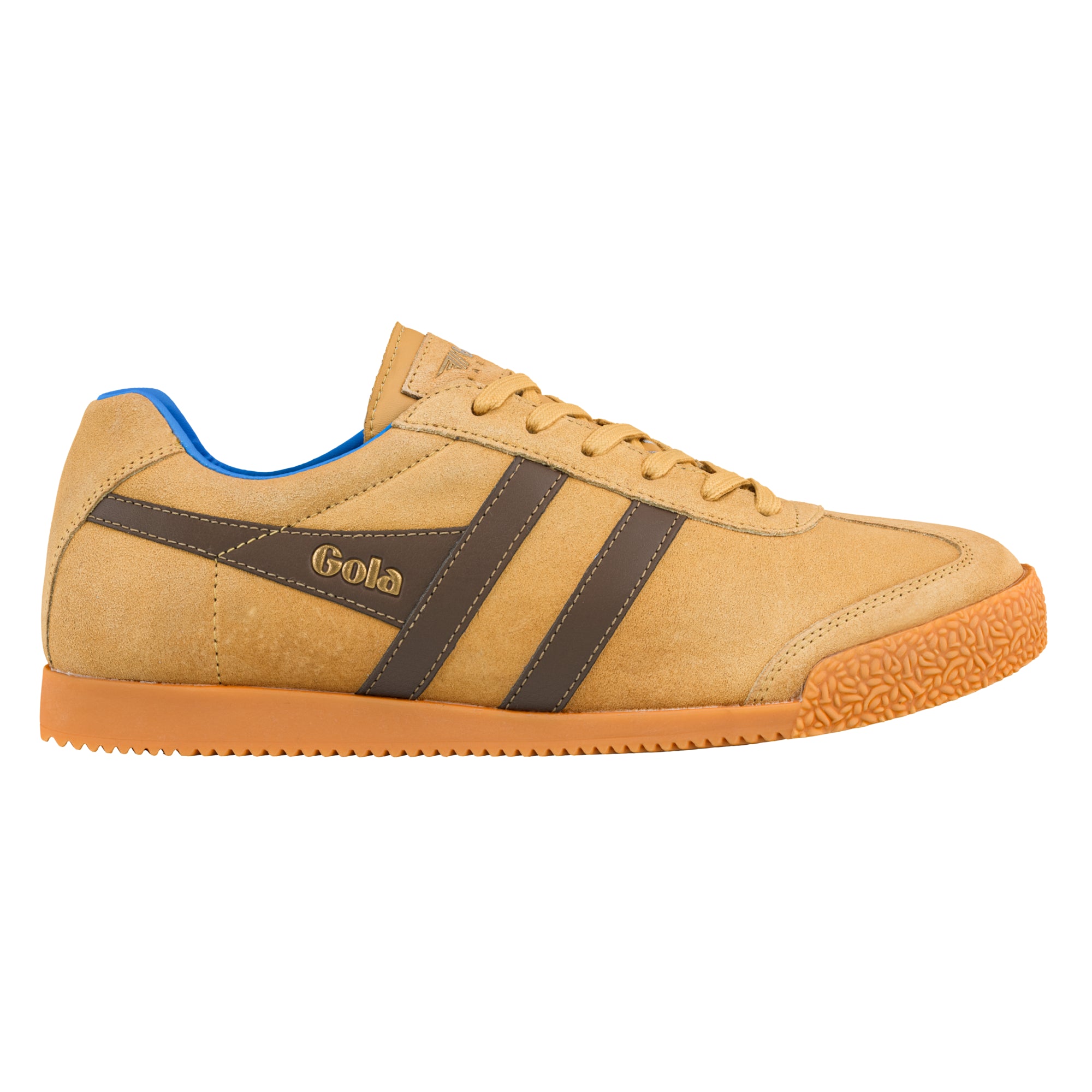 Tan suede Gola trainer with brown side stripes and blue inner lining