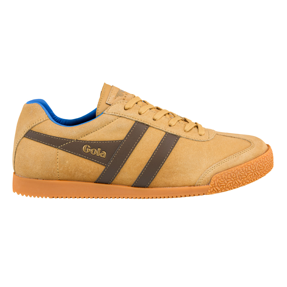 Gola Classics tan suede trainer with brown side stripes and blue lining