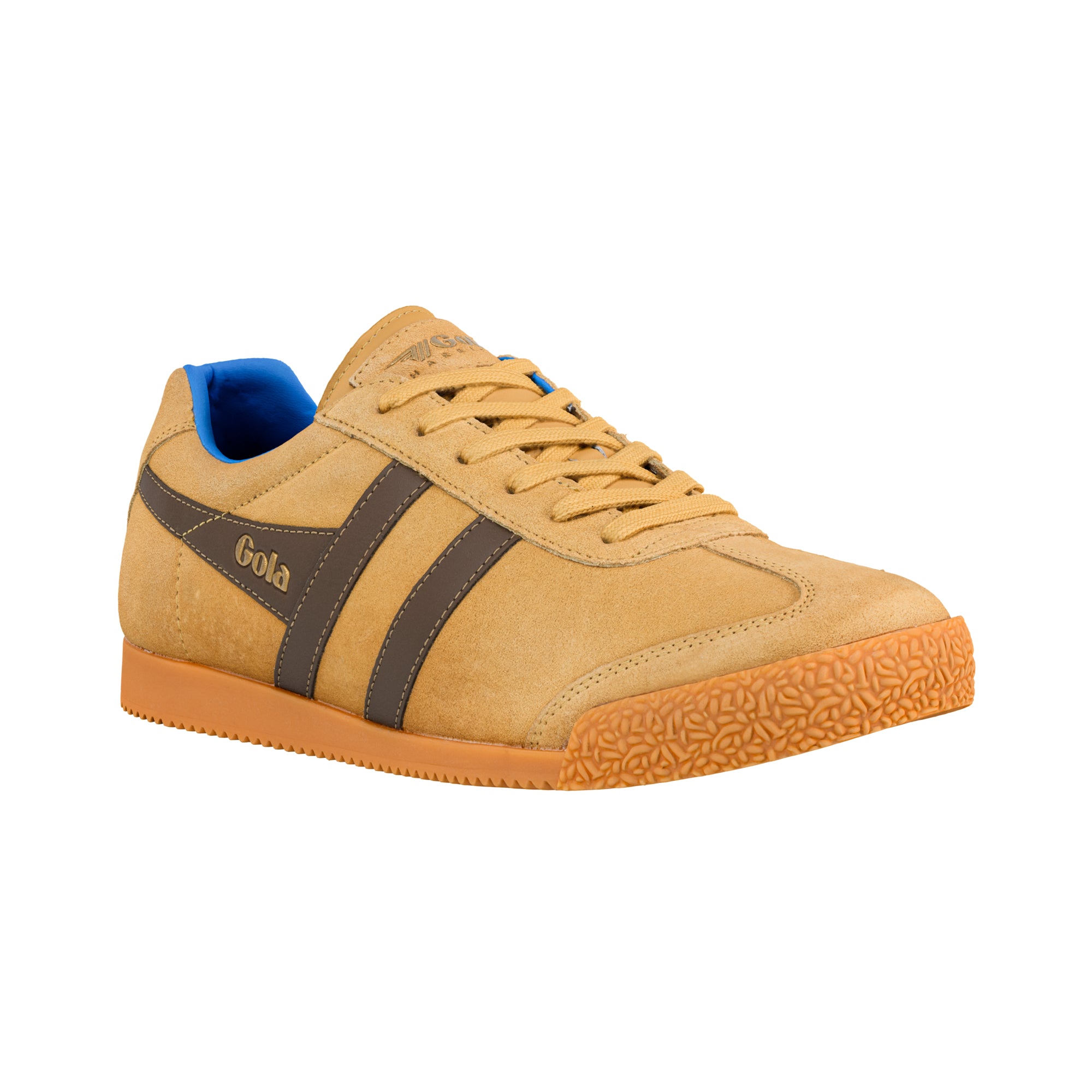 Tan suede Gola trainer with brown side stripes and blue inner lining