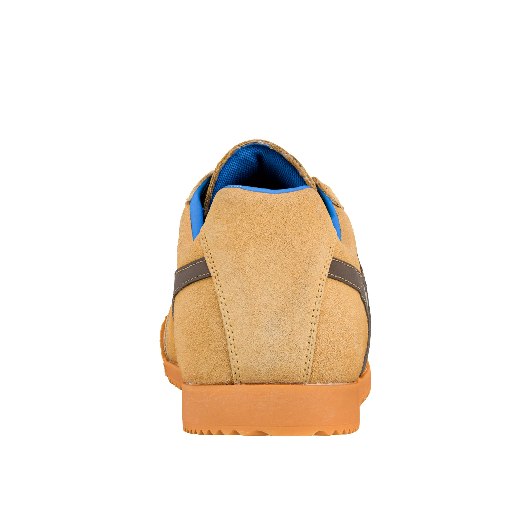 Rear view of a tan suede trainer with a blue inner lining and orange rubber sole