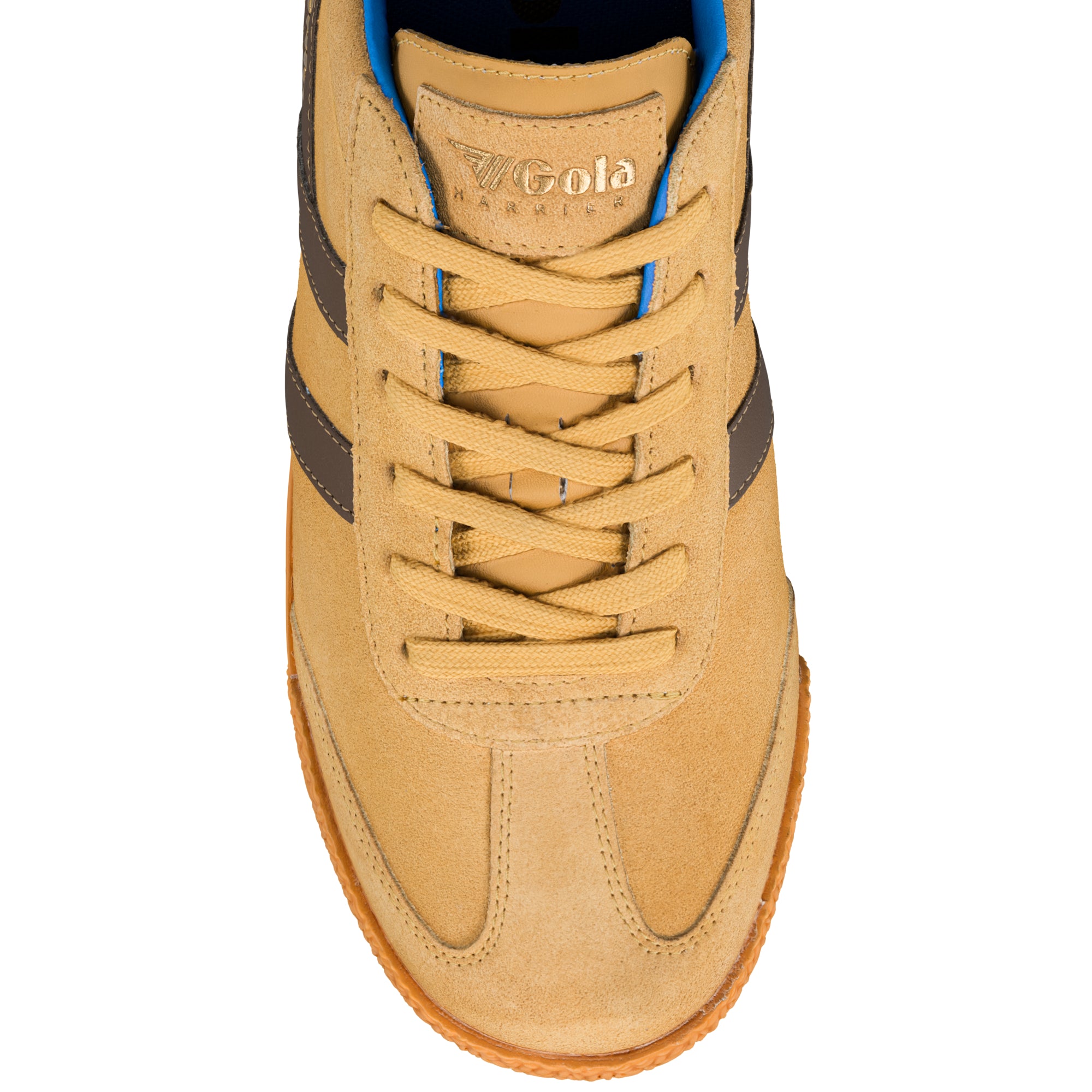 Top view of a tan suede Gola Harrier trainer with brown side stripes and blue interior lining