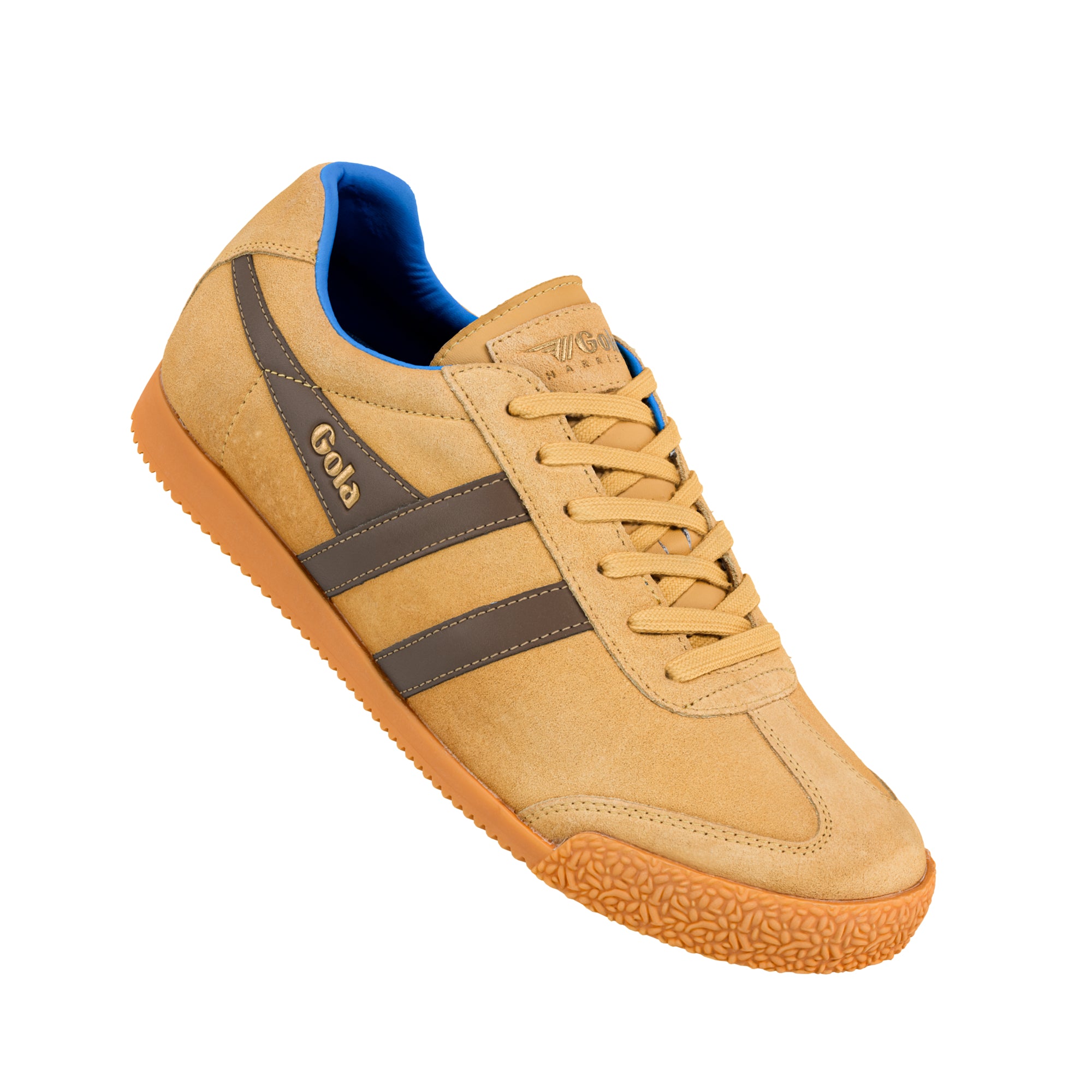 Tan suede Gola trainer with brown side stripes and blue inner lining
