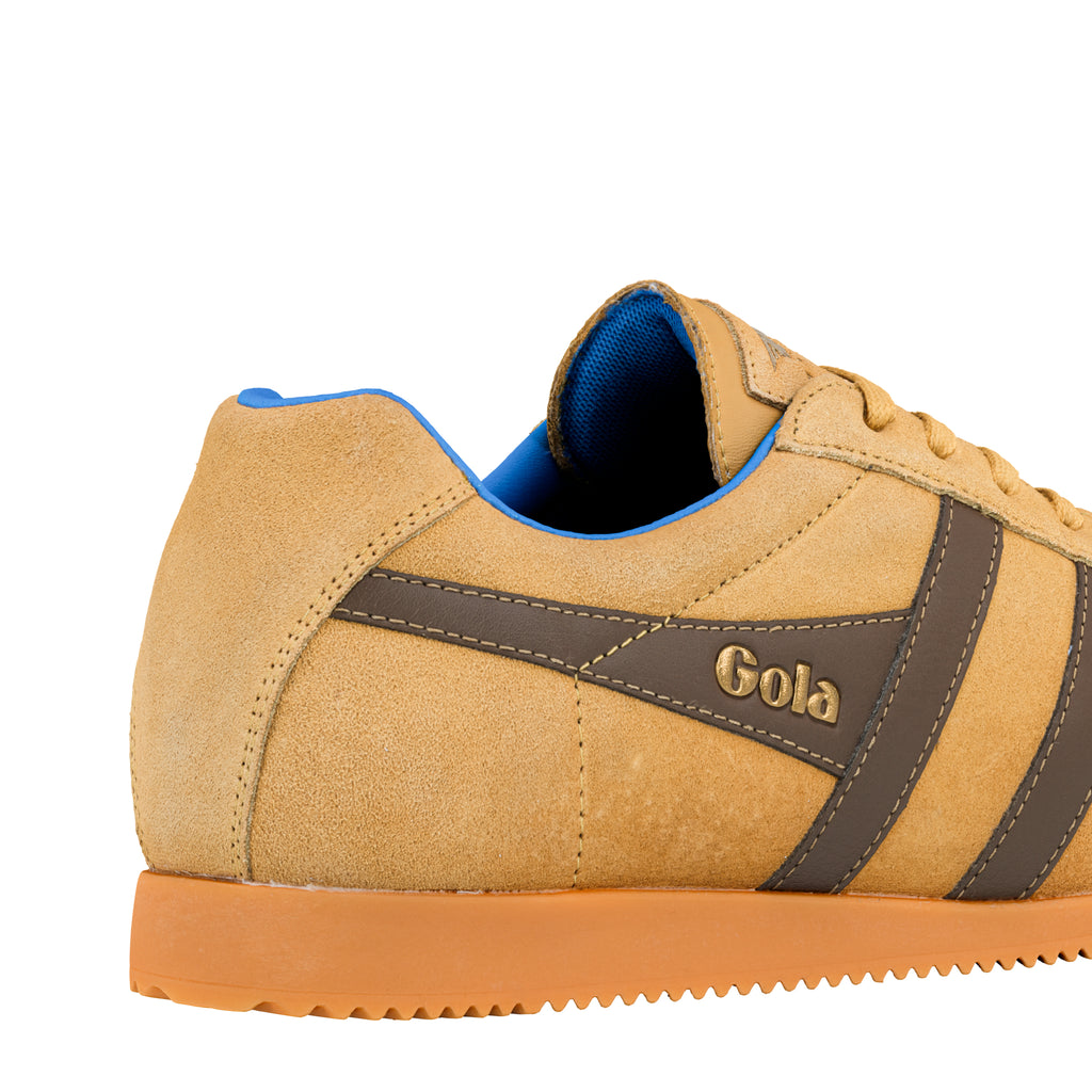 Tan suede Gola trainer with brown side stripes and blue lining