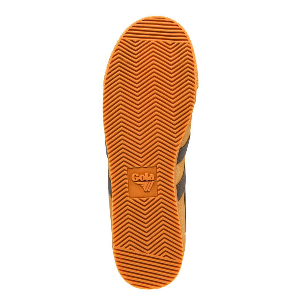Tan rubber trainer sole with chevron tread pattern and Gola logo