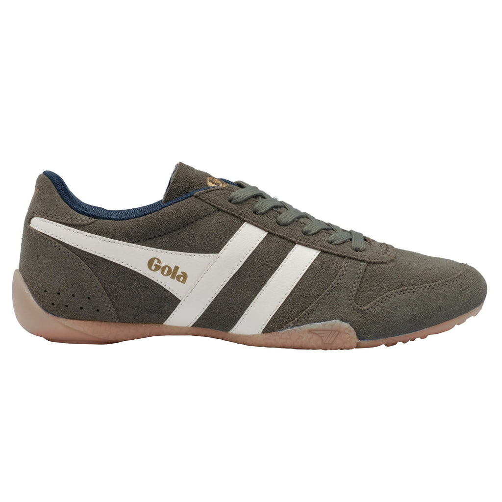 Olive green suede Gola trainer with white side stripes and gum sole