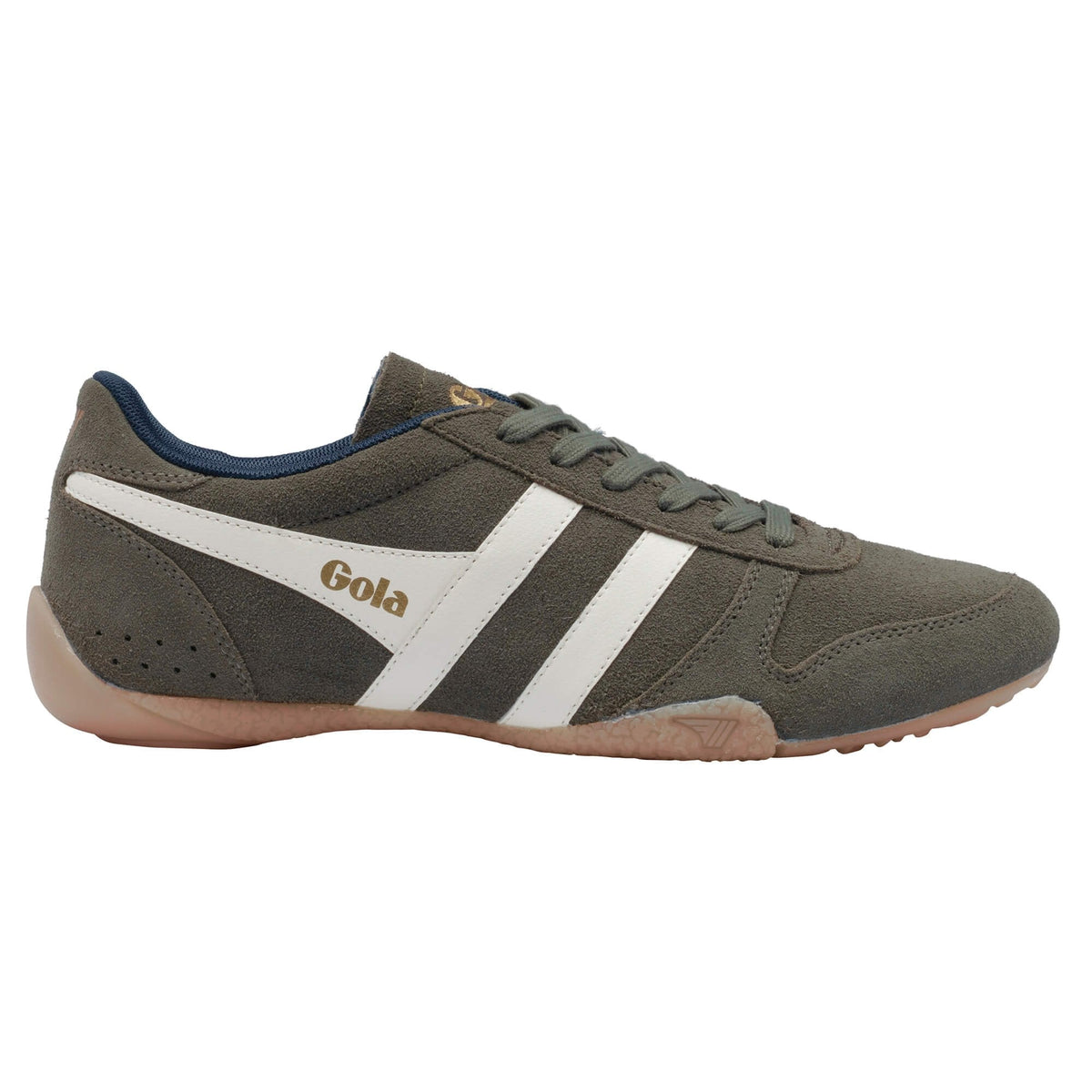 Olive green suede Gola trainer with white side stripes and gum sole