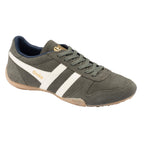 Khaki suede Gola trainer with white side stripes and gum sole