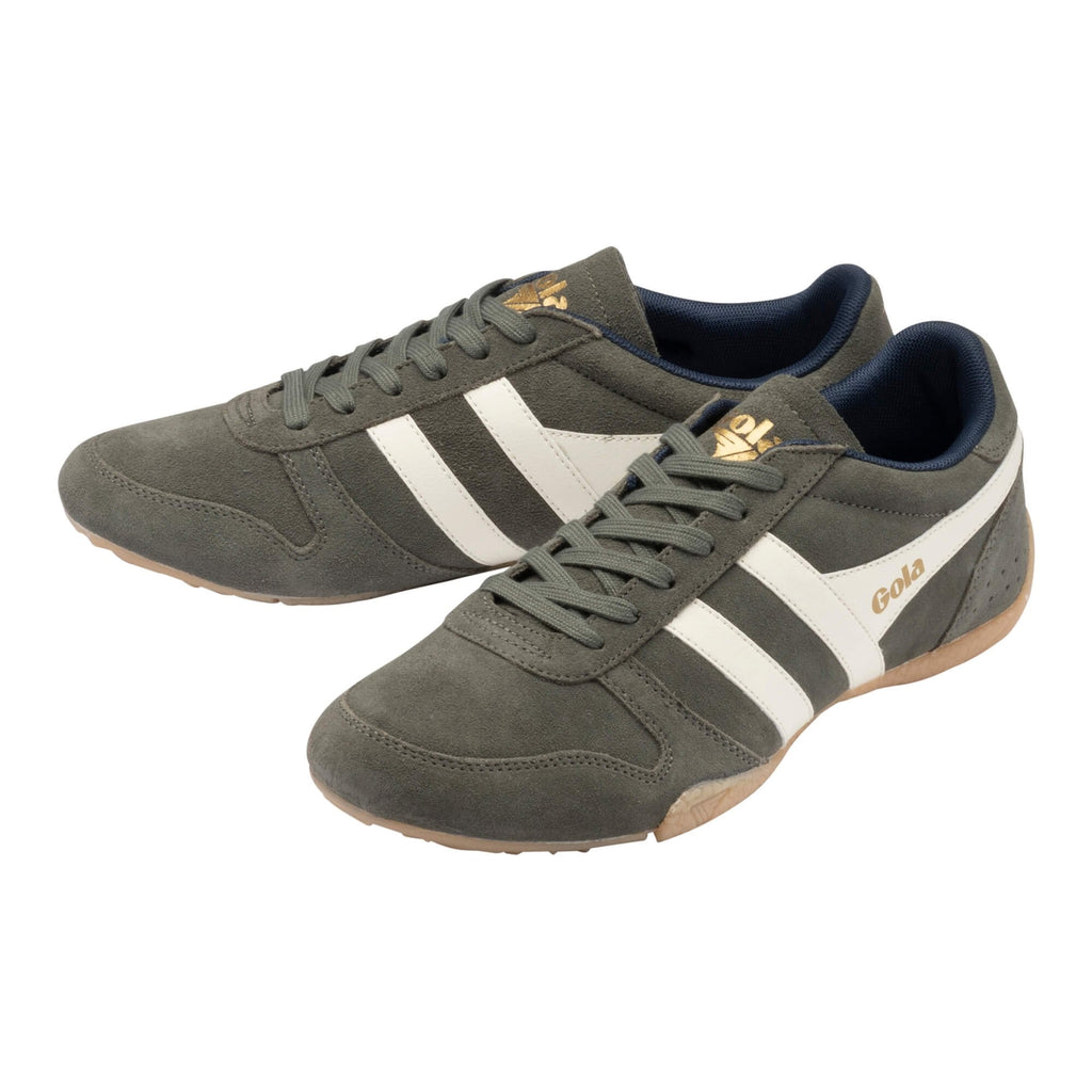 Khaki suede Gola trainers with white side stripes and gum soles