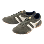 Khaki suede Gola trainers with white side stripes and gum soles