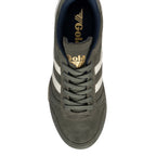 Top view of a dark olive green suede Gola trainer with white side stripes and gold branding