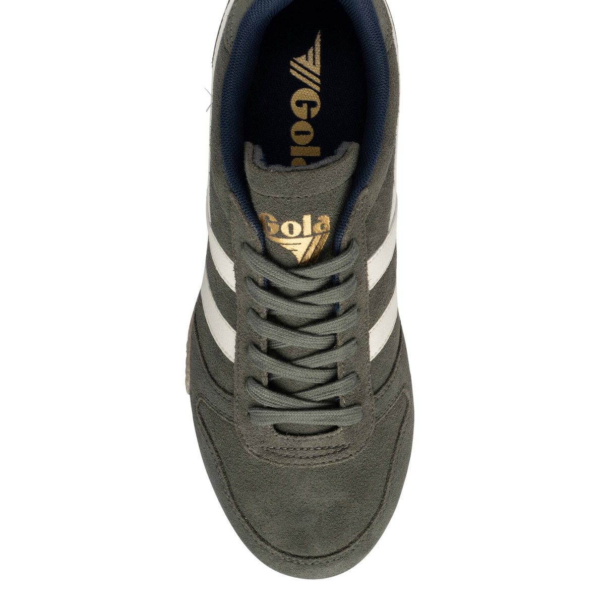Top view of a dark olive green suede Gola trainer with white side stripes and gold branding