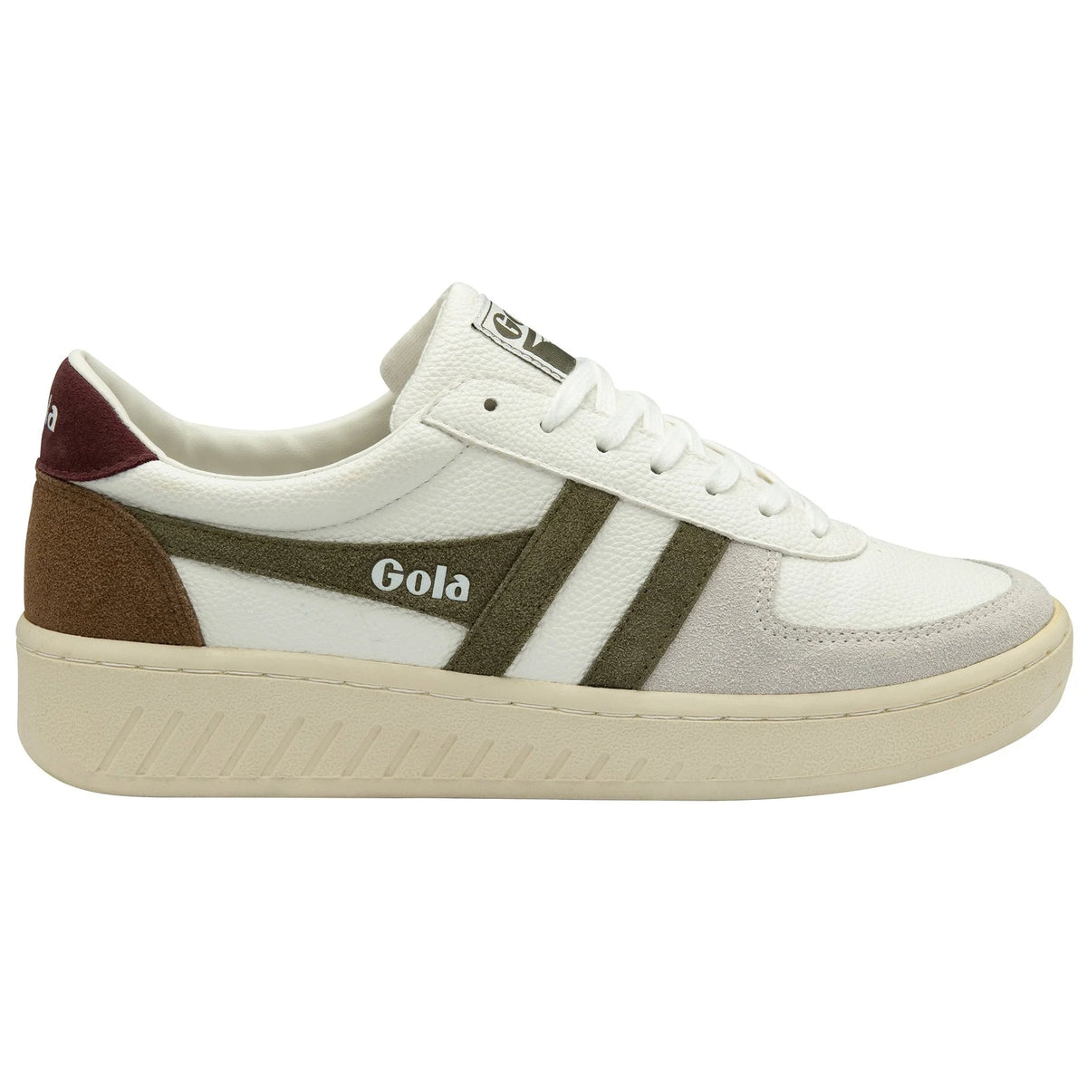 Gola Classics white trainer with olive green stripes and brown heel detail